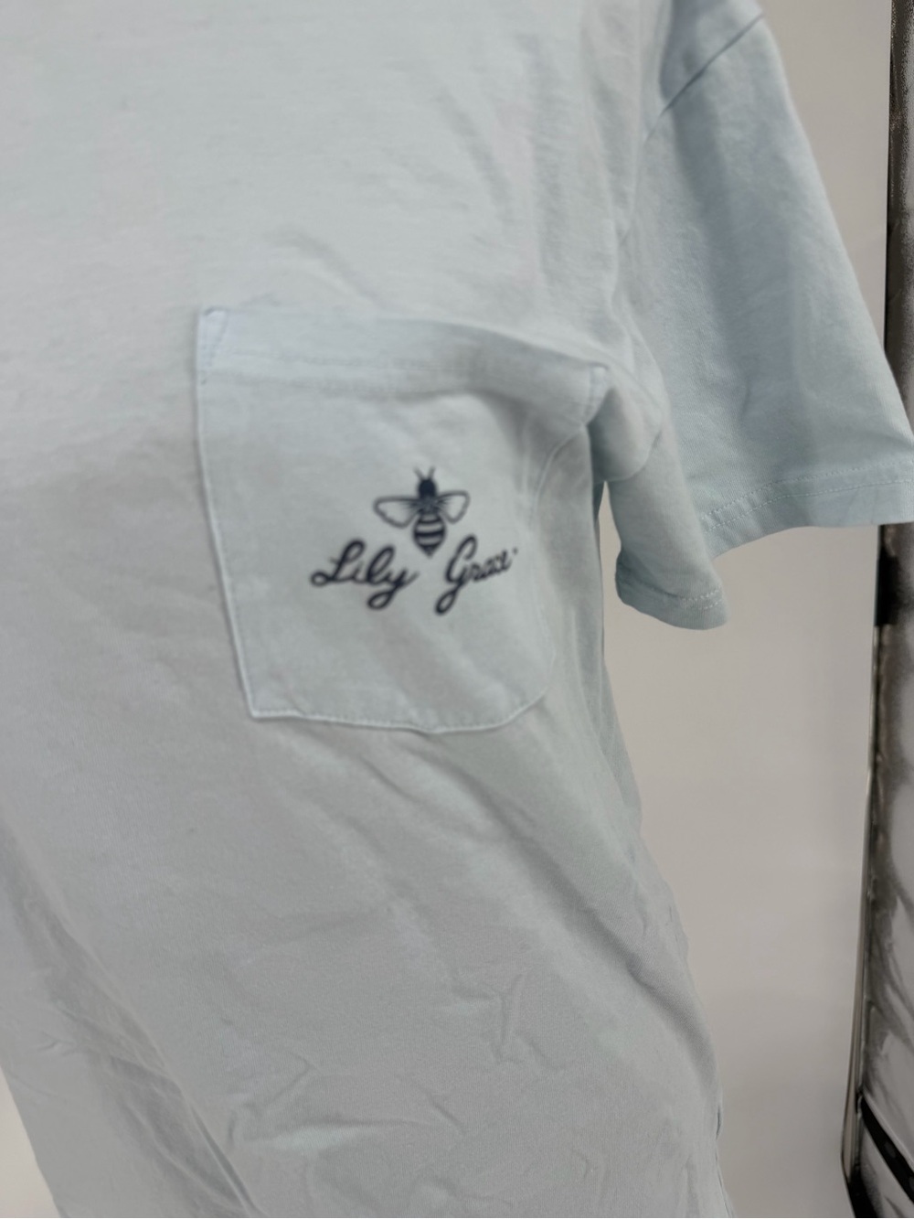 Lily Grace Light Blue Short Sleeve Pocket Tee with back graphic - Picture 2 of 7